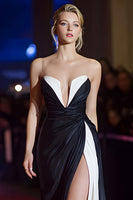 Load image into Gallery viewer, Patchwork Strapless Ruched Long Black and White Dress with Slit