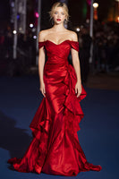 Load image into Gallery viewer, Dark Green Mermaid Off the Shoulder Long Gala Dress with Ruffles