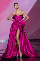 Load image into Gallery viewer, Fuchsia A Line Strapless Long Pageant Dress with Bow