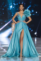 Load image into Gallery viewer, Sparkly Blue A Line V-Neck Long Pageant Dress with 3D Flower