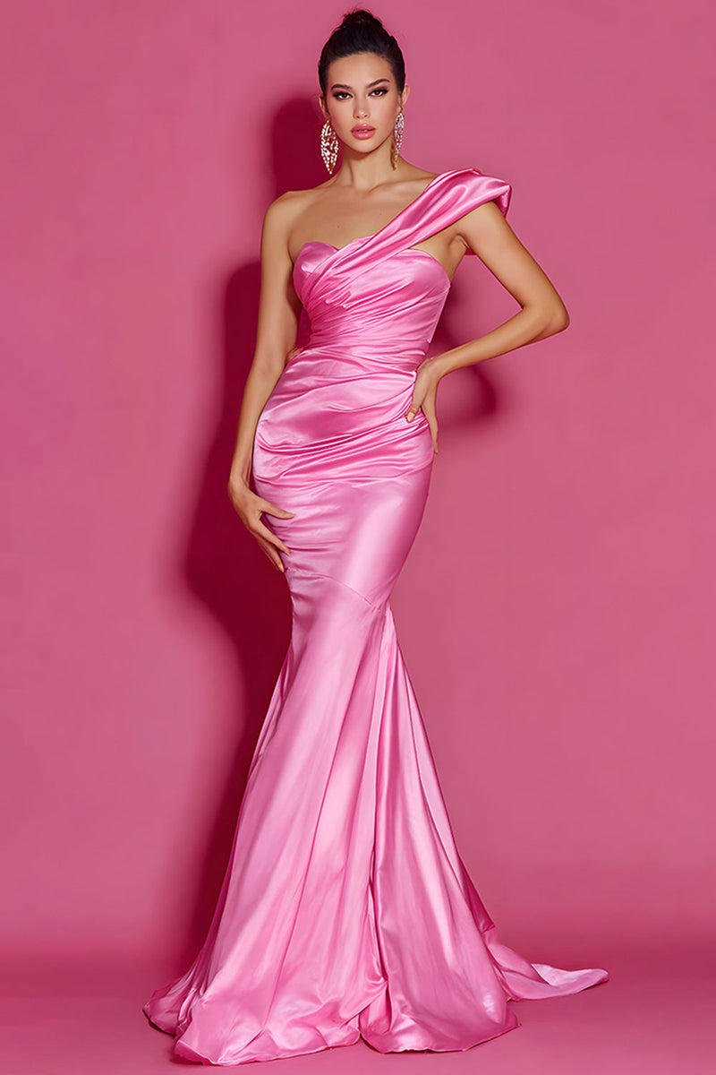 Queendancer Women Hot Pink Long Pageant Dress Satin Mermaid One Shoulder  Military Ball Dress – queendanceruk