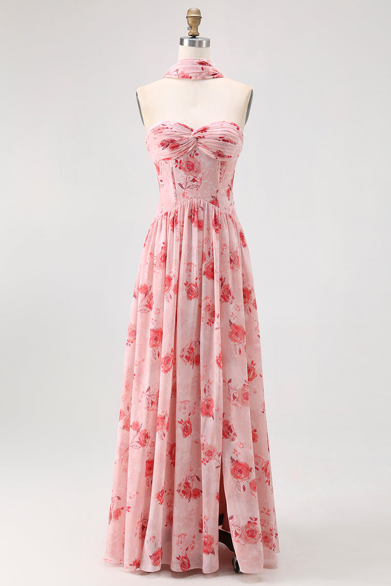 Load image into Gallery viewer, Dusty Rose Sweetheart Floral Neck Scarf Long Corset Prom Dress with Slit