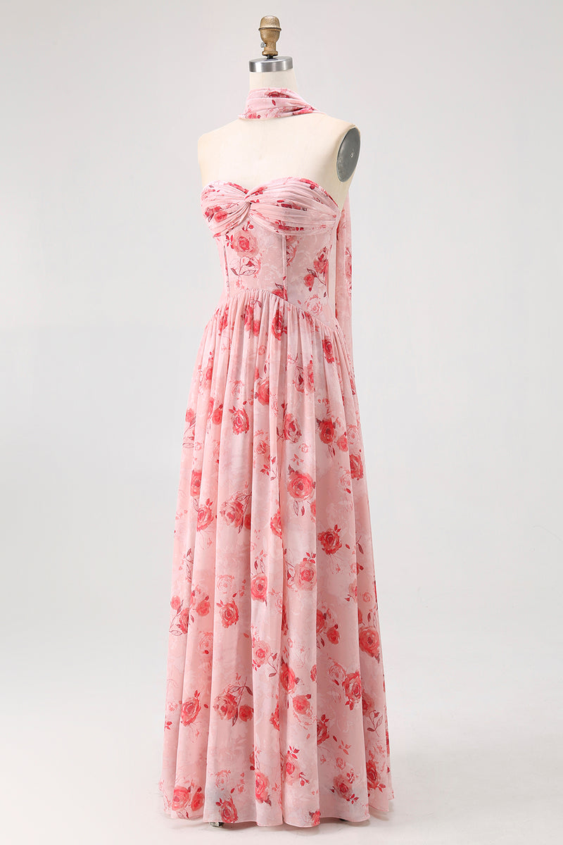 Load image into Gallery viewer, Dusty Rose Sweetheart Floral Neck Scarf Long Corset Prom Dress with Slit