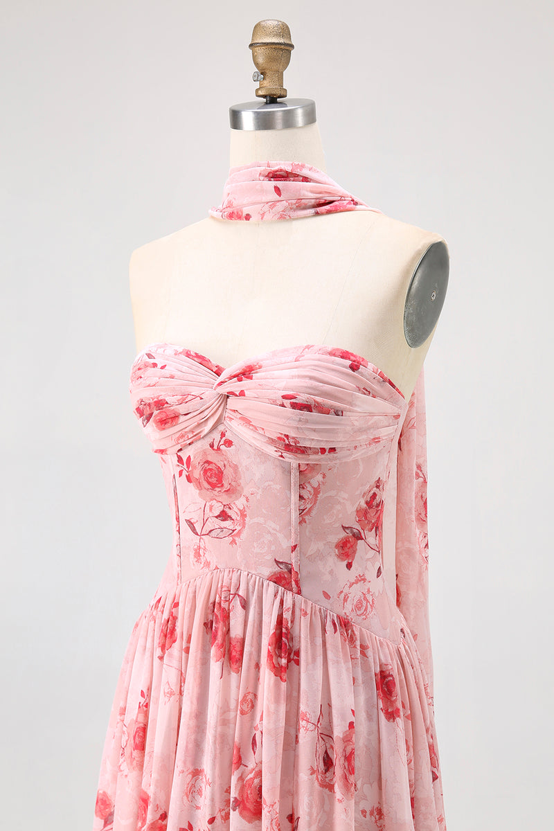 Load image into Gallery viewer, Dusty Rose Sweetheart Floral Neck Scarf Long Corset Prom Dress with Slit