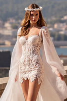 Load image into Gallery viewer, Ivory Watteau Train Tulle Long Sleeves Corset Wedding Dress with Lace