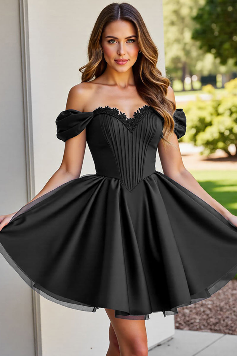 Load image into Gallery viewer, Black Tulle A Line Short Corset Prom Dress