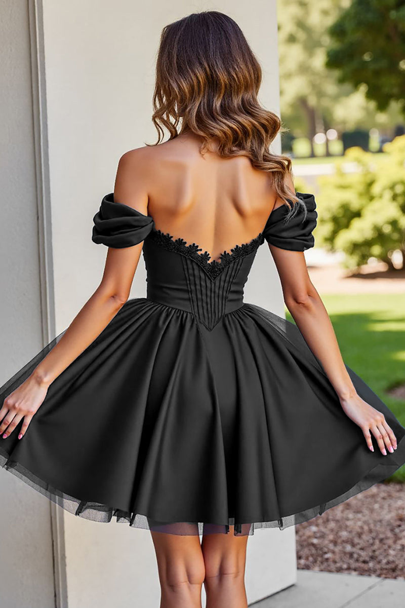 Load image into Gallery viewer, Black Tulle A Line Short Corset Prom Dress