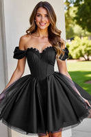 Load image into Gallery viewer, Queendancer Women Black Tulle Short Corset Prom Dress A Line Off the Shoulder Cocktail Dress with Lace