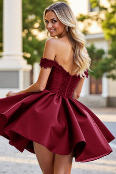 Burgundy Corset A Line Satin Short Prom Dress with Lace