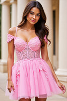 Load image into Gallery viewer, Pink A Line Corset Short Tulle Prom Dress with Lace