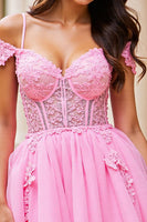 Load image into Gallery viewer, Pink A Line Corset Short Tulle Prom Dress with Lace