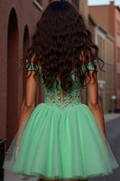 Load image into Gallery viewer, Sparkly Light Green Tulle A Line Short Corset Prom Dress with Lace