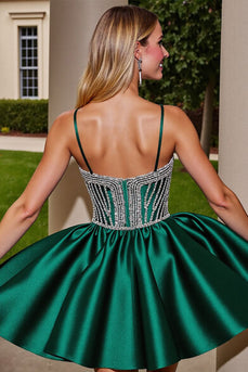 Sparkly Dark Green Short Satin Prom Dress with Beading