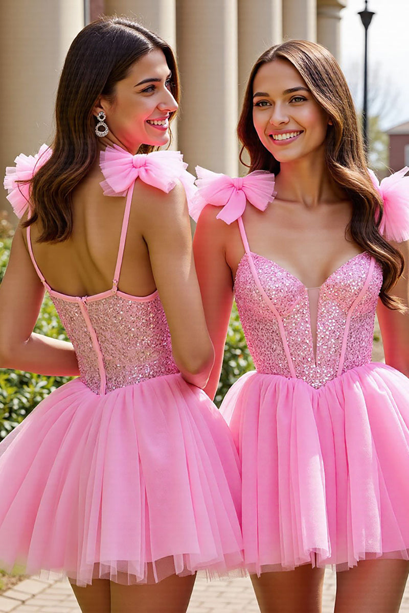 Load image into Gallery viewer, Sparkly Pink A Line Tulle Short Prom Dress with Sequins