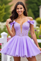 Load image into Gallery viewer, Lavender Corset A Line Short Tulle Prom Dress with Lace