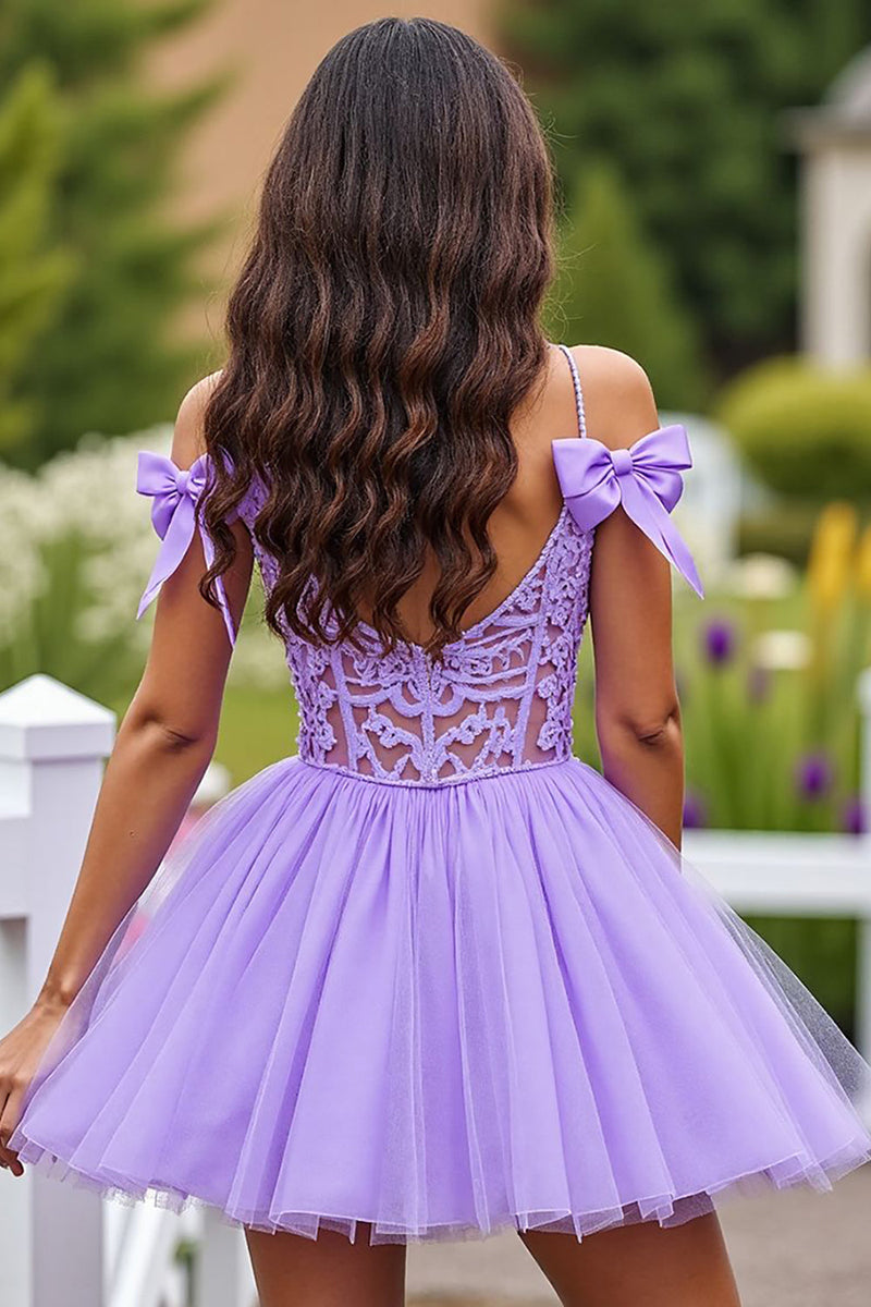 Load image into Gallery viewer, Lavender Corset A Line Short Tulle Prom Dress with Lace