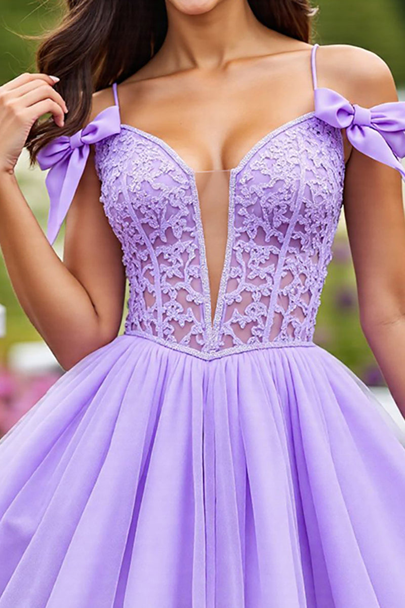 Load image into Gallery viewer, Lavender Corset A Line Short Tulle Prom Dress with Lace