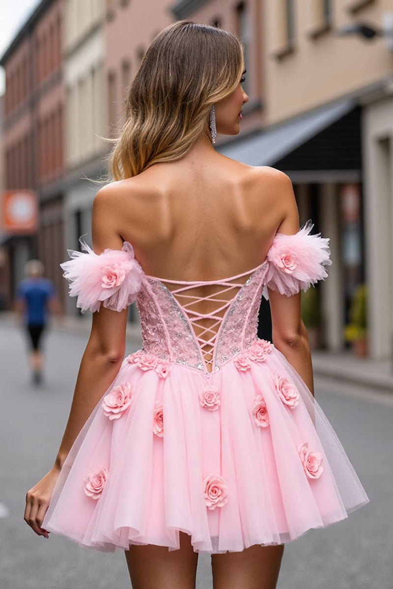 Load image into Gallery viewer, Blush Corset Floral Short Prom Dress with Lace
