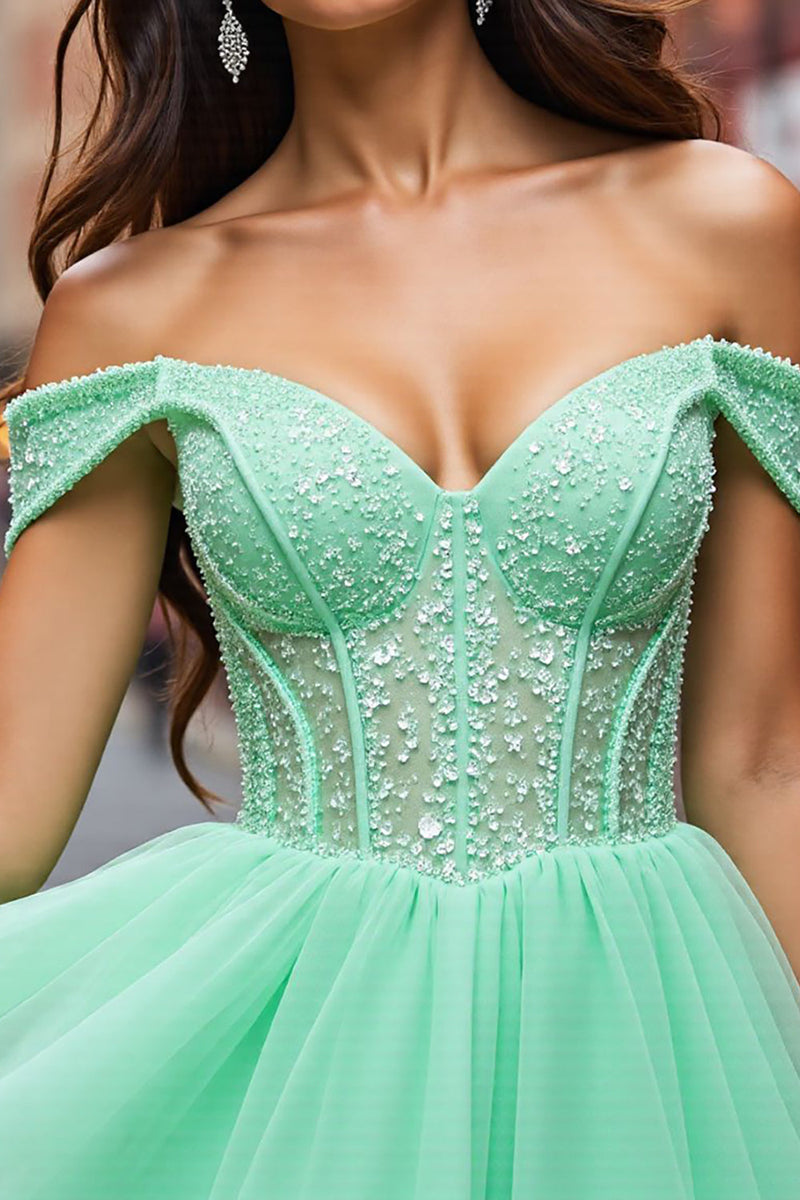 Load image into Gallery viewer, Sparkly Mint Green Tulle Beaded Corset Short Prom Dress