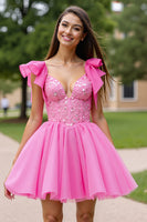Load image into Gallery viewer, Sparkly Pink Corset Tulle Short Prom Dress with Beading
