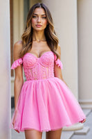 Load image into Gallery viewer, Pink Tulle Corset Ruffled Short Prom Dress with Lace