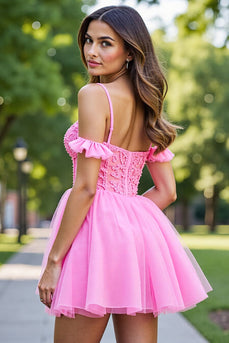 Pink Tulle Corset Ruffled Short Prom Dress with Lace