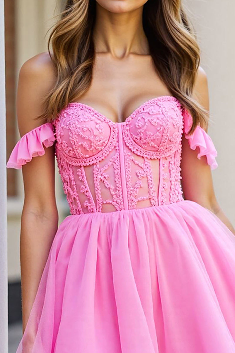 Load image into Gallery viewer, Pink Tulle Corset Ruffled Short Prom Dress with Lace