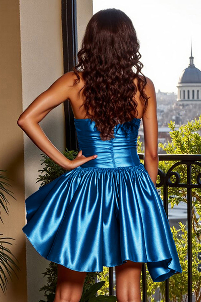 Load image into Gallery viewer, Blue A Line Strapless Short Metallic Prom Dress