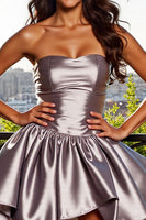 Load image into Gallery viewer, Blue A Line Strapless Short Metallic Prom Dress