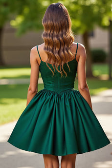 Sparkly Dark Green Satin Corset Short Prom Dress with Rhinestones
