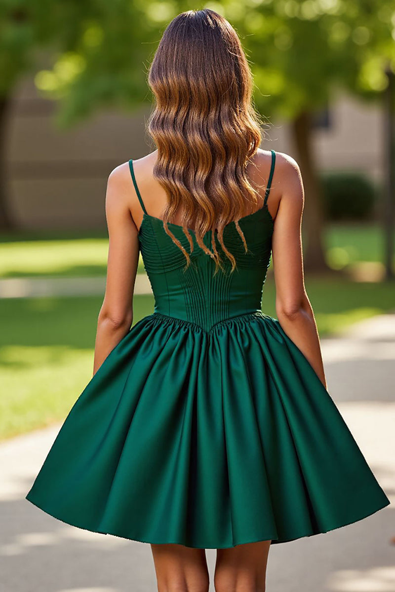 Load image into Gallery viewer, Sparkly Dark Green Satin Corset Short Prom Dress with Rhinestones