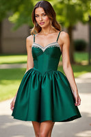 Load image into Gallery viewer, Sparkly Dark Green Satin Corset Short Prom Dress with Rhinestones