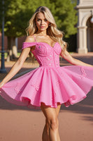 Load image into Gallery viewer, Pink Cold Shoulder Corset Short Prom Dress with Lace