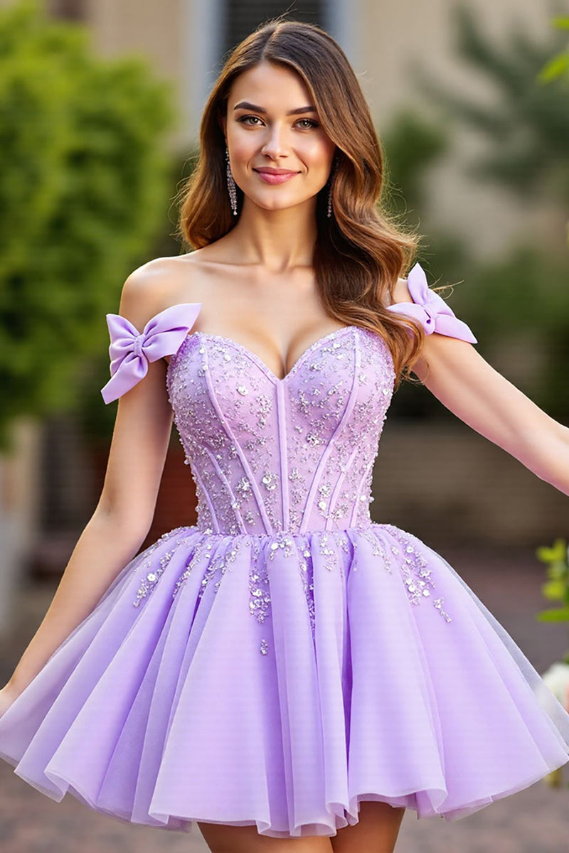 Load image into Gallery viewer, Lavender Tulle Short Corset Prom Dress with Bows