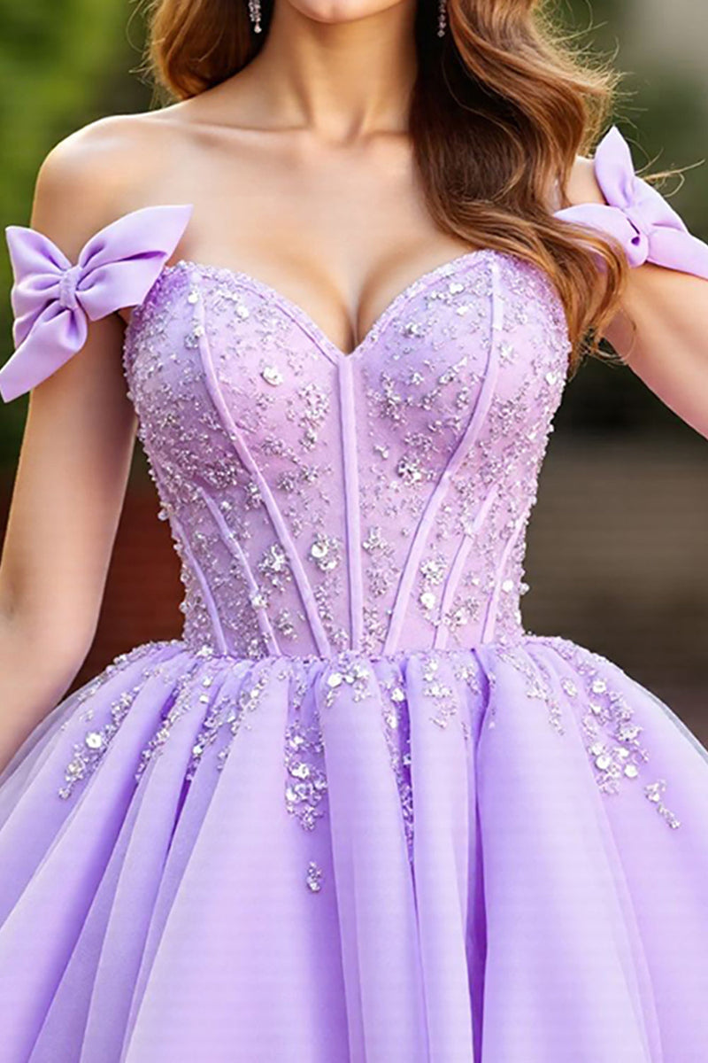 Load image into Gallery viewer, Lavender Tulle Short Corset Prom Dress with Bows