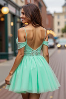 Load image into Gallery viewer, Mint Green Cold Shoulder Tulle Short Prom Dress with Lace