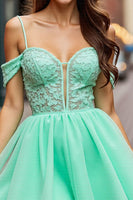 Load image into Gallery viewer, Mint Green Cold Shoulder Tulle Short Prom Dress with Lace