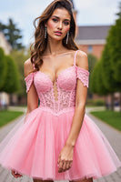 Load image into Gallery viewer, Blush Tulle Detachable Sleeves Short Corset Prom Dress with Lace