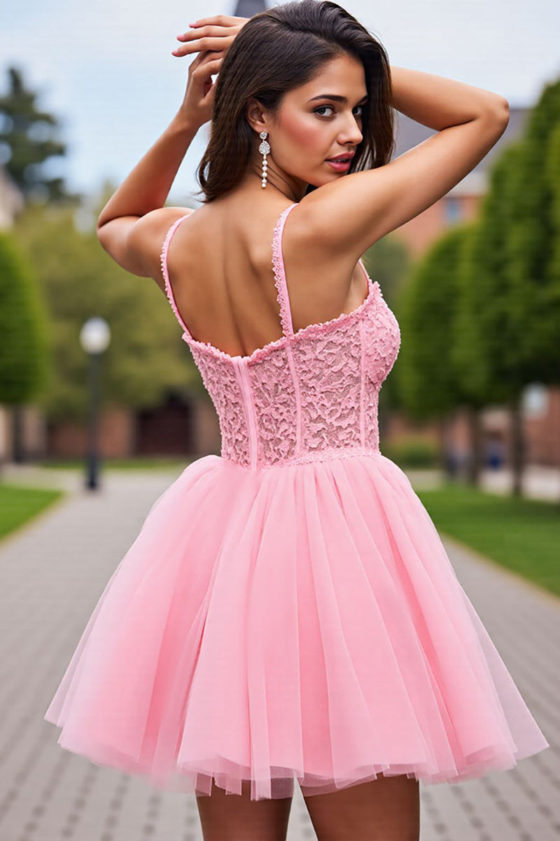 Load image into Gallery viewer, Blush Tulle Detachable Sleeves Short Corset Prom Dress with Lace