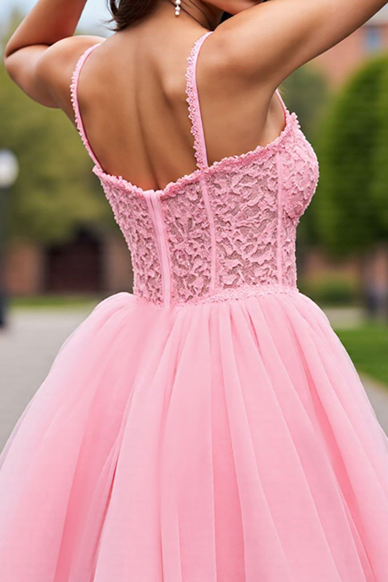 Load image into Gallery viewer, Blush Tulle Detachable Sleeves Short Corset Prom Dress with Lace