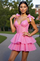 Load image into Gallery viewer, Glitter Pink Corset Tiered Short Prom Dress with Lace