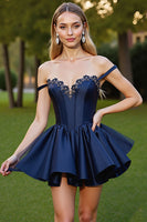 Load image into Gallery viewer, Navy Corset Floral Short Satin Prom Dress