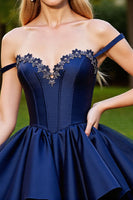 Load image into Gallery viewer, Navy Corset Floral Short Satin Prom Dress