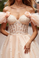 Load image into Gallery viewer, Champagne Floral Ruffled Corset Short Prom Dress with Lace
