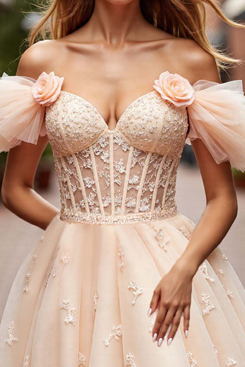 Load image into Gallery viewer, Champagne Floral Ruffled Corset Short Prom Dress with Lace