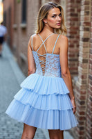 Load image into Gallery viewer, Sky Blue Corset Tulle Tiered Short Prom Dress with Lace