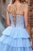Load image into Gallery viewer, Sky Blue Corset Tulle Tiered Short Prom Dress with Lace