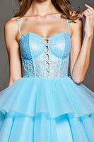 Load image into Gallery viewer, Sky Blue Tulle Short Corset Prom Dress with Lace