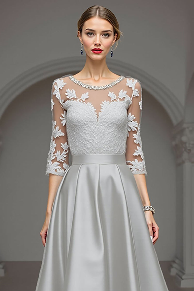 Load image into Gallery viewer, Navy A Line Maxi Satin Mother of the Bride Dress with Lace