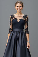 Load image into Gallery viewer, Navy Satin A Line Maxi Mother of the Bride Dress with Lace